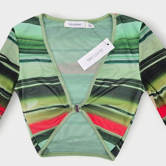 Glassons Crop Top Womens X Small Green Black Mesh Long Sleeve V-Neck Sheer - Picture 2 of 8